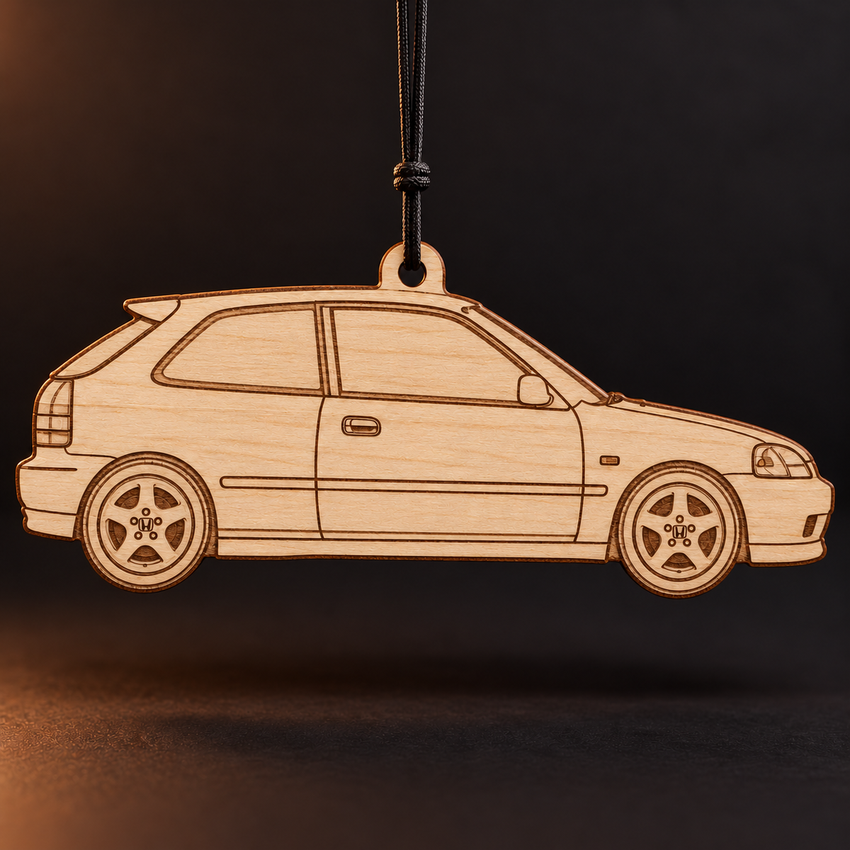 1998 Honda Civic Hatchback flat Birch Ply ornament with brown laser-engraved outlines