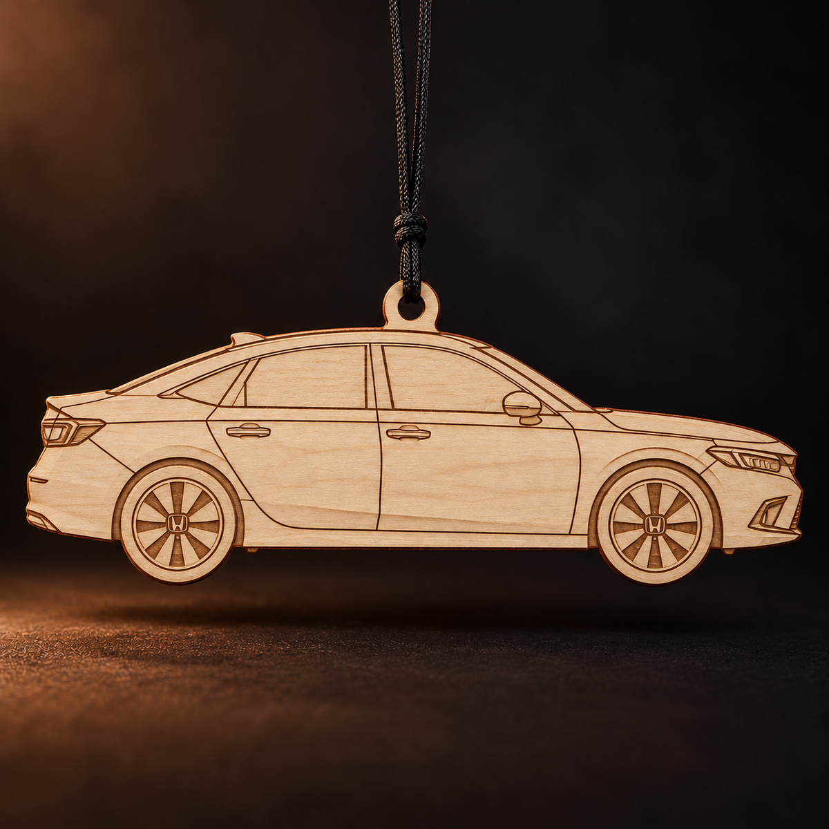 2022 Honda Civic Sedan flat Birch Ply ornament with brown laser-engraved outlines