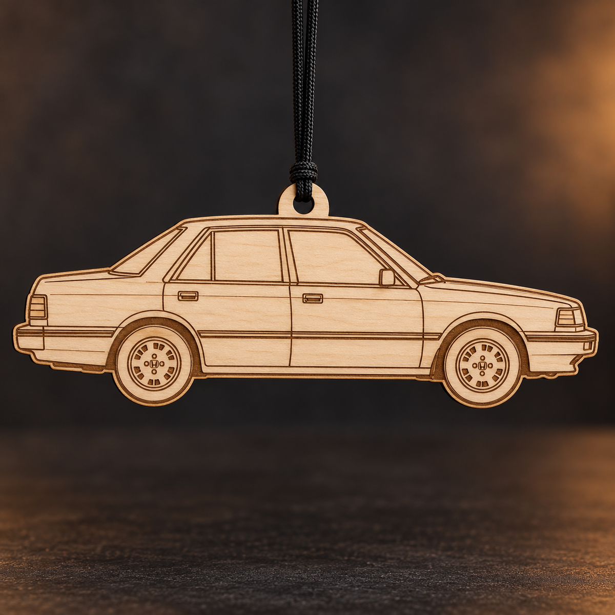1983 Honda Accord Sedan flat Birch Ply ornament with brown laser-engraved outlines