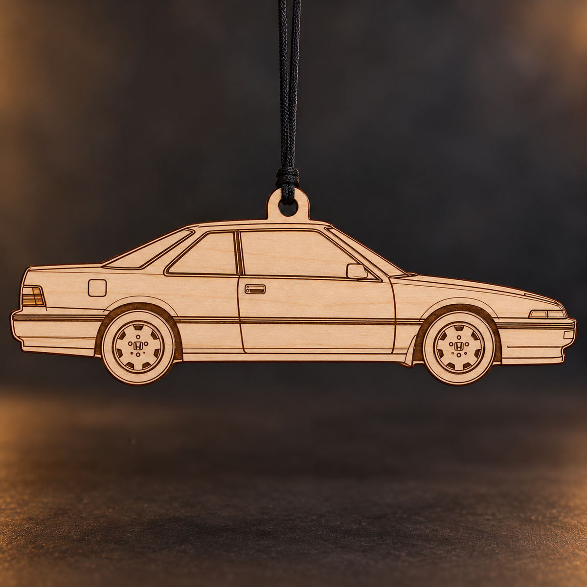 1989 Honda Accord Coupe flat Birch Ply ornament with brown laser-engraved outlines