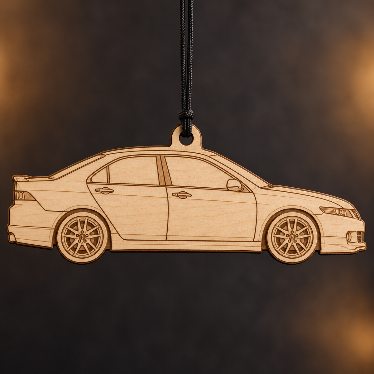 2005 Honda Accord Euro R Sedan flat Birch Ply ornament with brown laser-engraved outlines