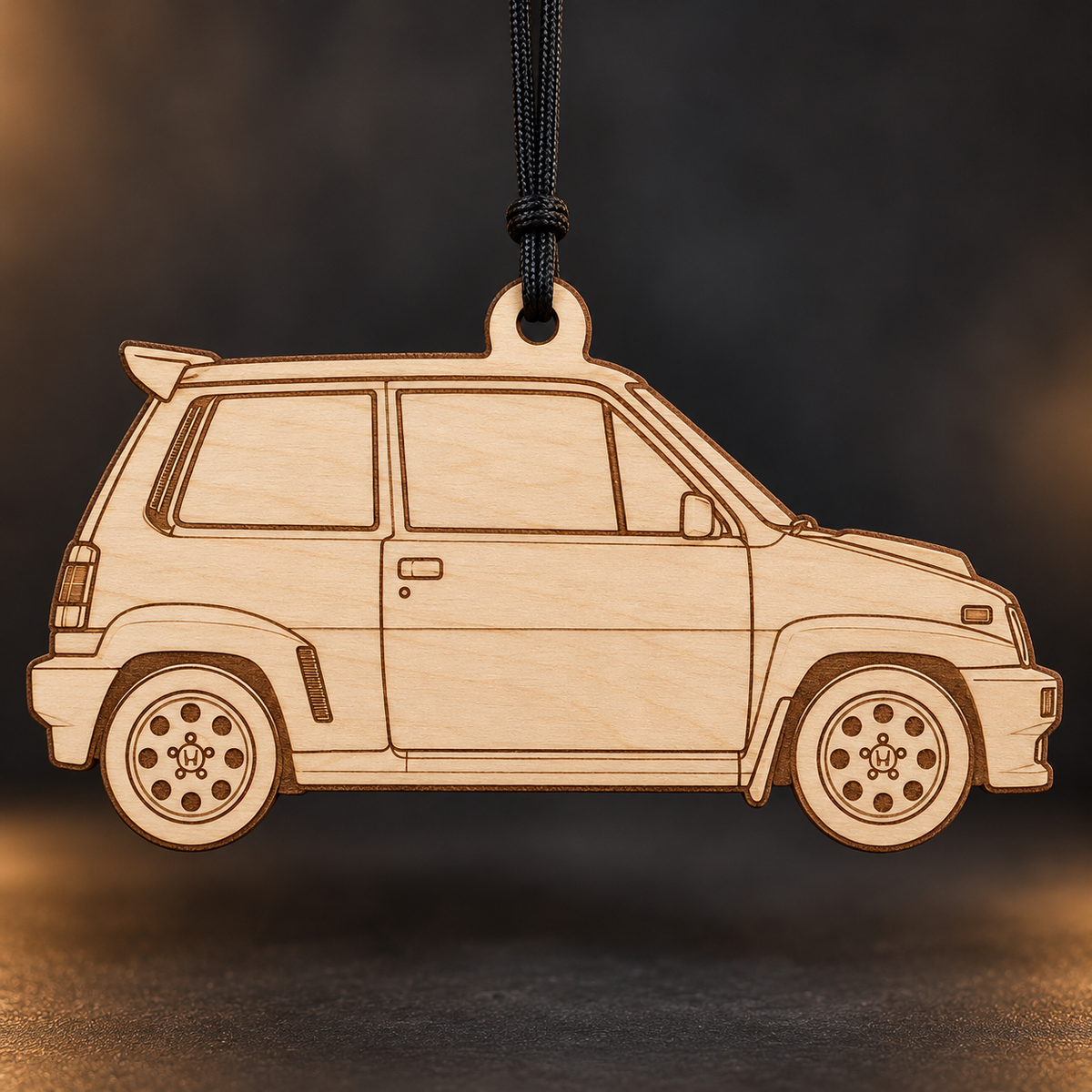 1983 Honda City Hatchback flat Birch Ply ornament with brown laser-engraved outlines