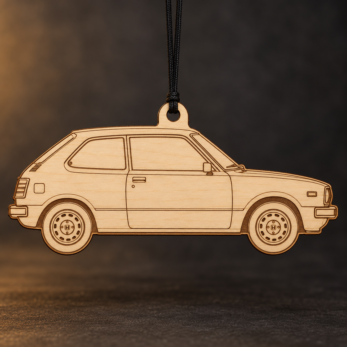 1975 Honda Civic Hatchback flat Birch Ply ornament with brown laser-engraved outlines