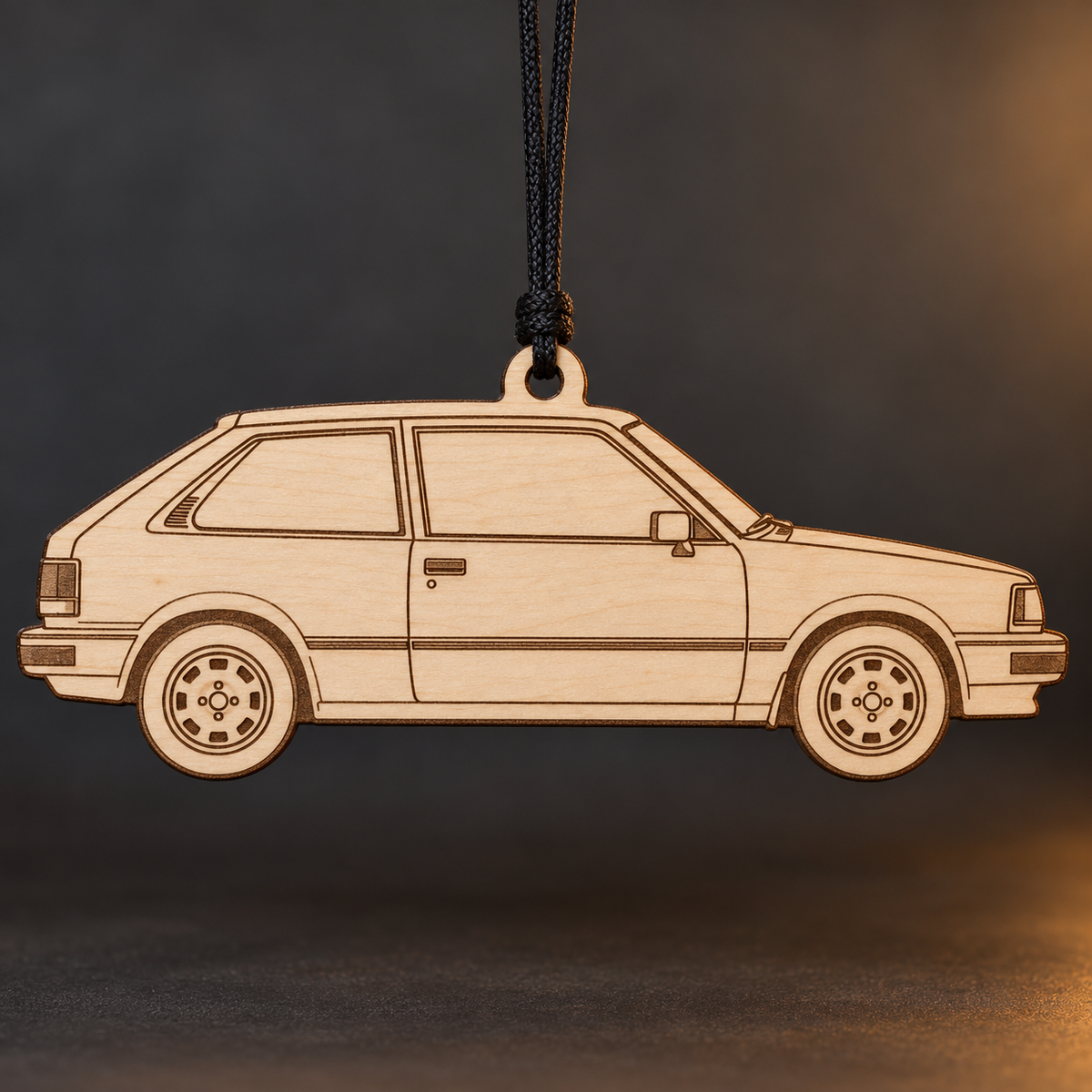 1982 Honda Civic Hatchback flat Birch Ply ornament with brown laser-engraved outlines