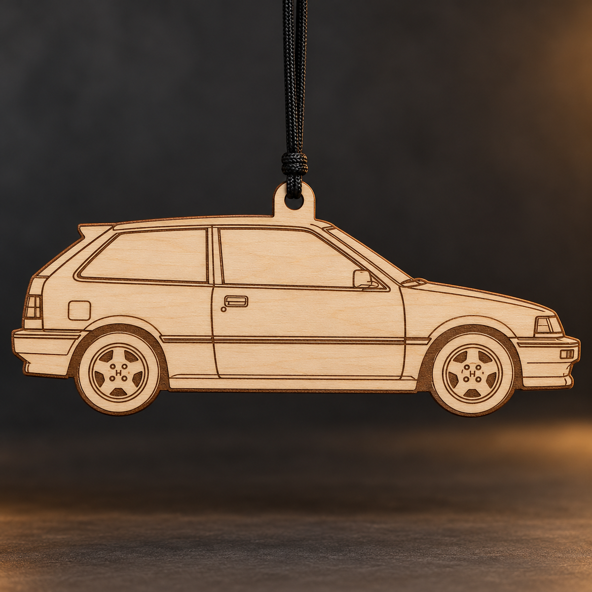 1986 Honda Civic Si Hatchback flat Birch Ply ornament with brown laser-engraved outlines