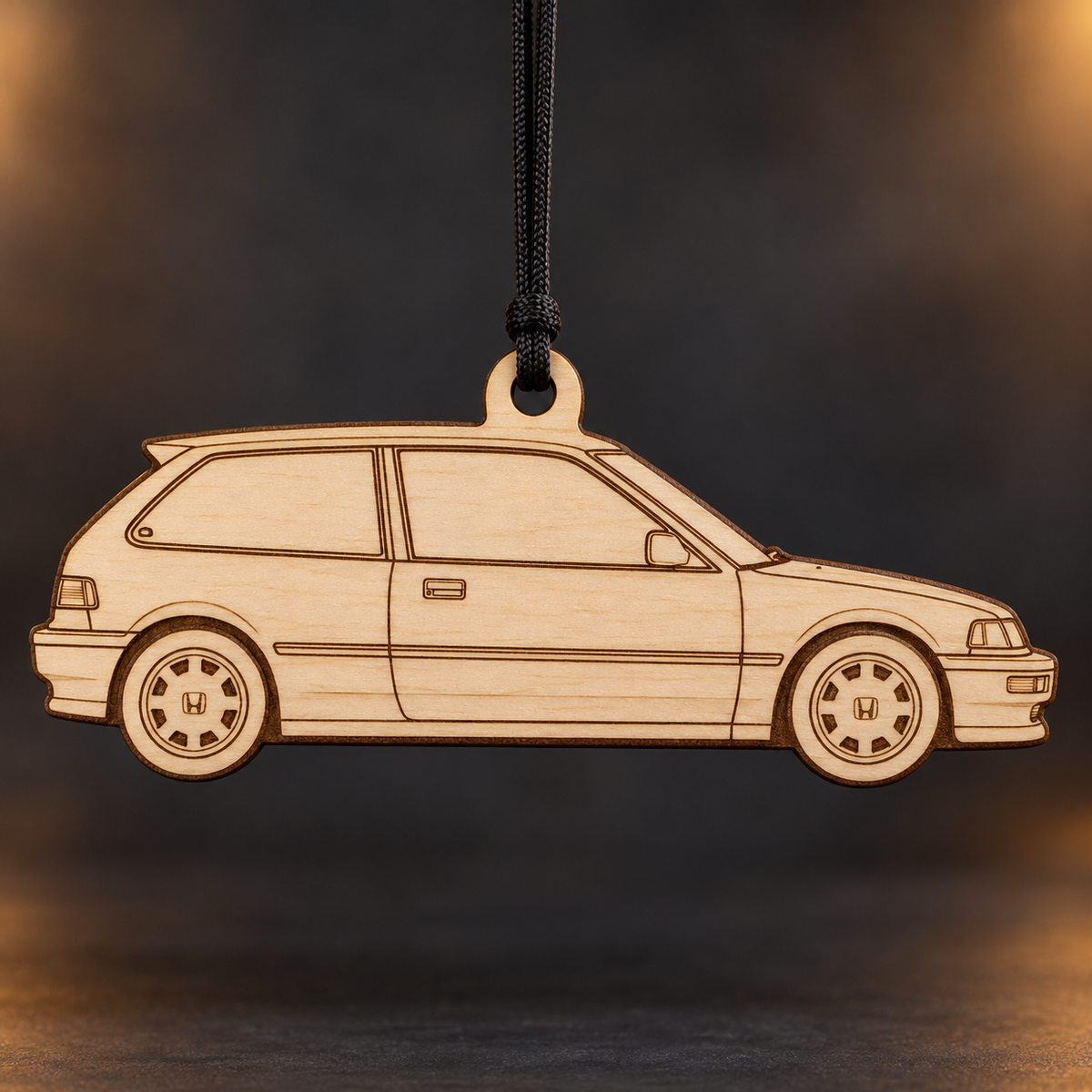 1990 Honda Civic Hatchback flat Birch Ply ornament with brown laser-engraved outlines