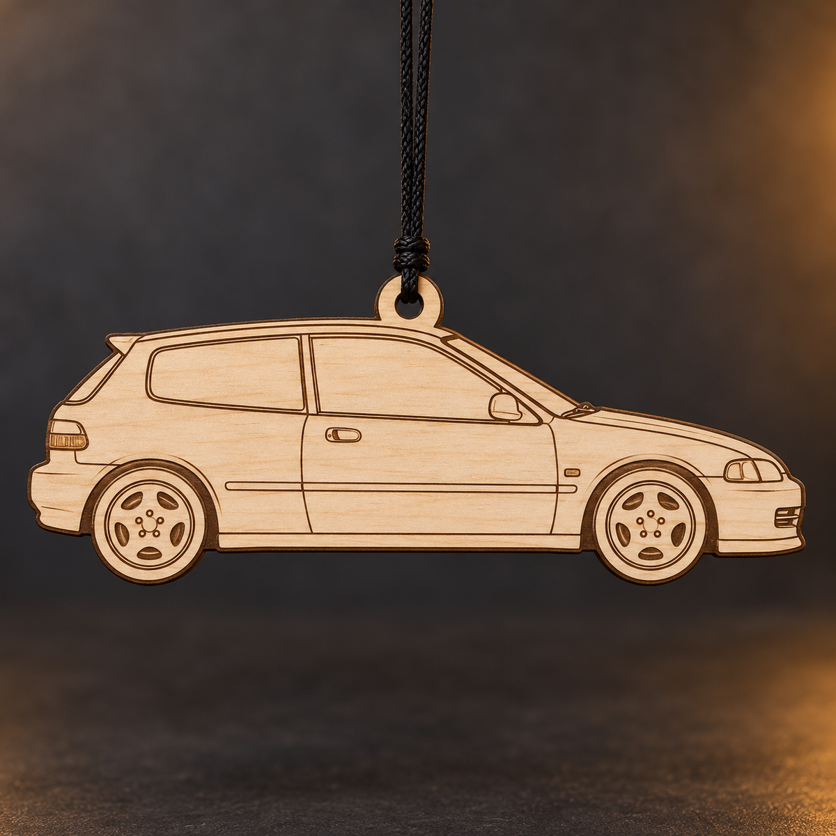 1994 Honda Civic Hatchback flat Birch Ply ornament with brown laser-engraved outlines
