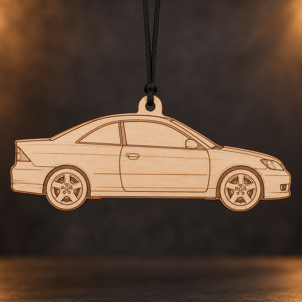 2004 Honda Civic Coupe flat Birch Ply ornament with brown laser-engraved outlines