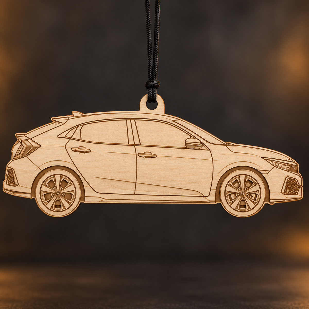 2018 Honda Civic Hatchback flat Birch Ply ornament with brown laser-engraved outlines