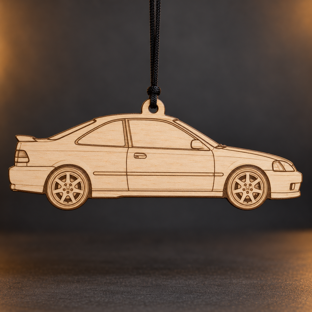 1999 Honda Civic Si Coupe flat Birch Ply ornament with brown laser-engraved outlines
