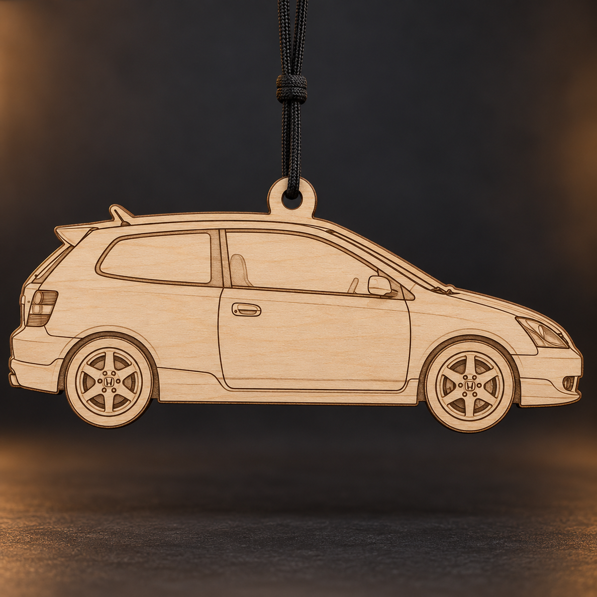 2004 Honda Civic Si Hatchback flat Birch Ply ornament with brown laser-engraved outlines