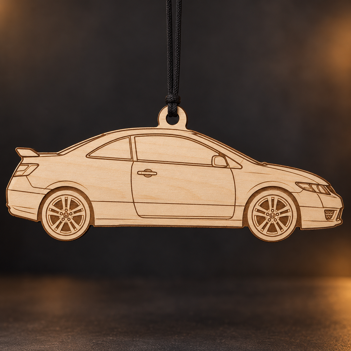 2008 Honda Civic Si Coupe flat Birch Ply ornament with brown laser-engraved outlines
