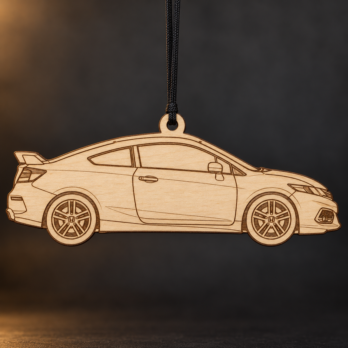 2014 Honda Civic Si Coupe flat Birch Ply ornament with brown laser-engraved outlines