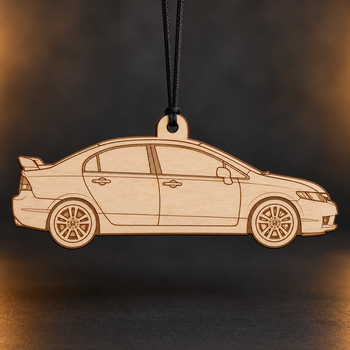 2008 Honda Civic Si Sedan flat Birch Ply ornament with brown laser-engraved outlines