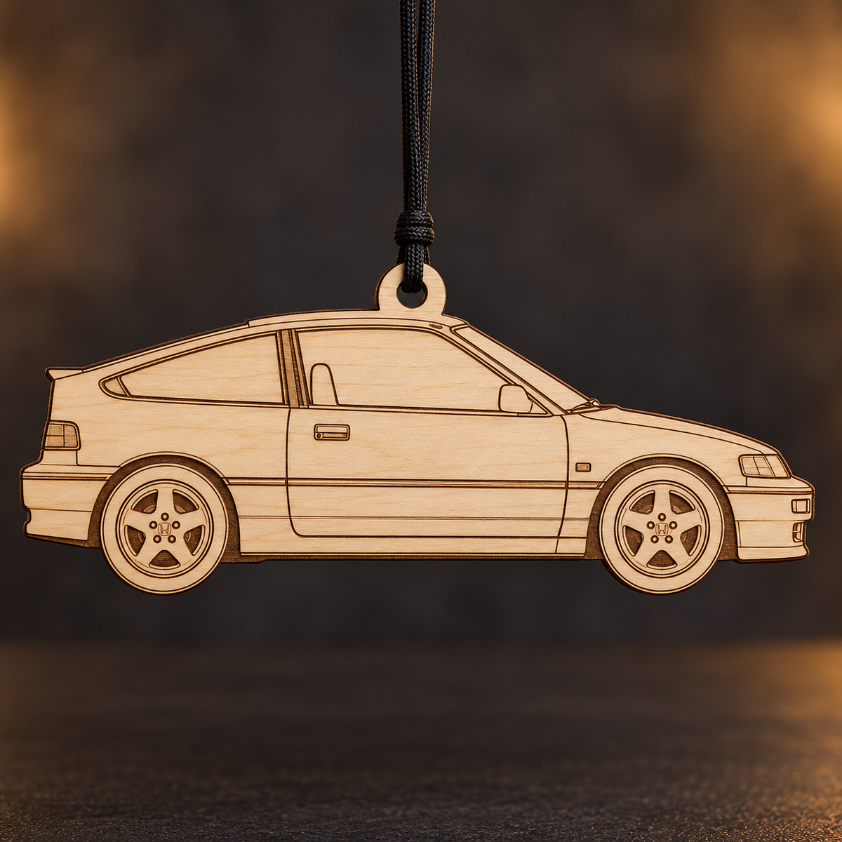 1990 Honda CR-X Hatchback flat Birch Ply ornament with brown laser-engraved outlines