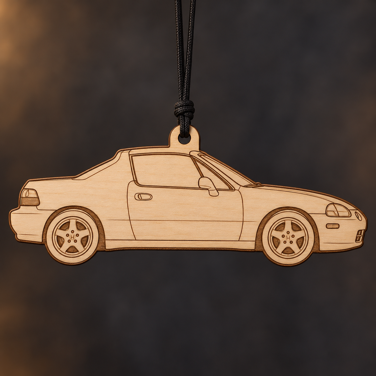 1995 Honda del Sol Targa flat Birch Ply ornament with brown laser-engraved outlines