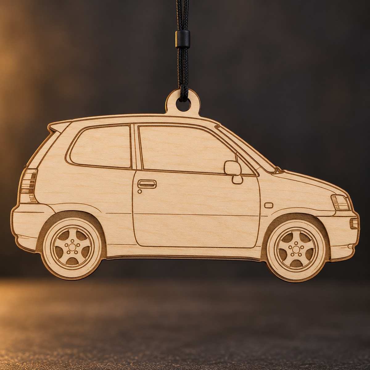 1998 Honda EV Plus Hatchback flat Birch Ply ornament with brown laser-engraved outlines