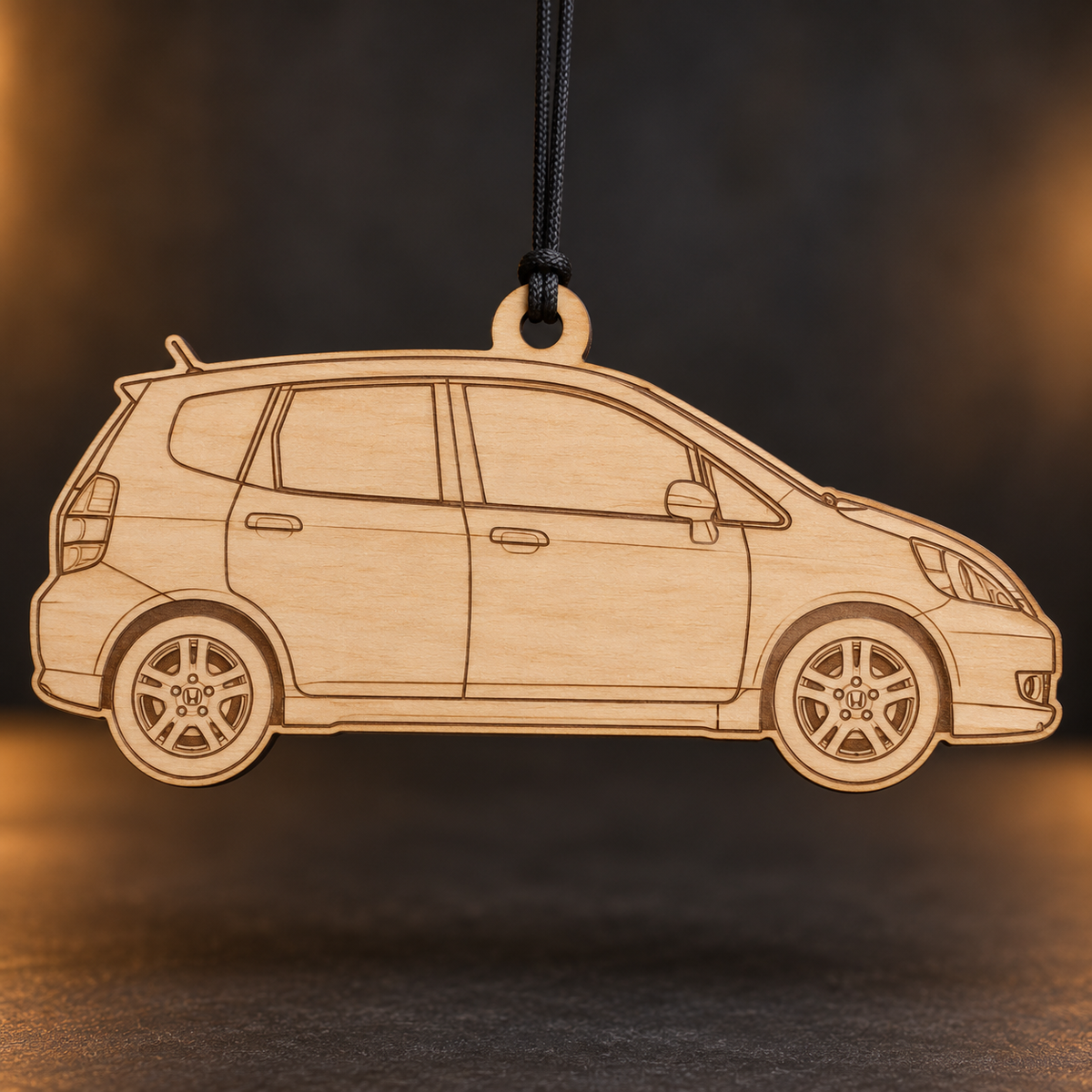 2008 Honda Fit Hatchback flat Birch Ply ornament with brown laser-engraved outlines