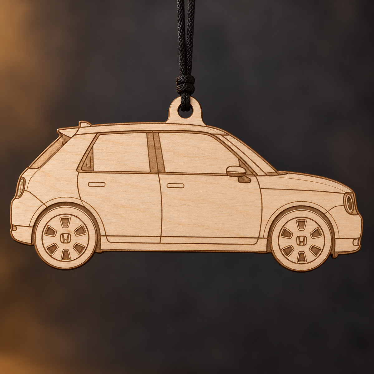 2021 Honda e Hatchback flat Birch Ply ornament with brown laser-engraved outlines