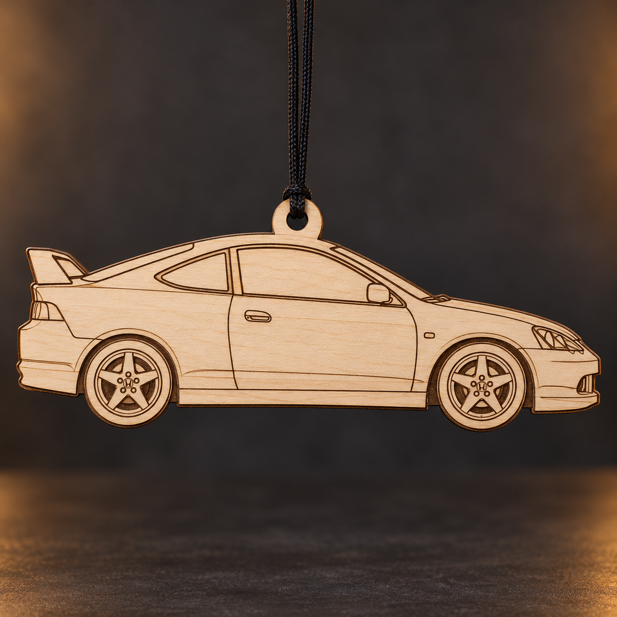 2004 Honda Integra Coupe flat Birch Ply ornament with brown laser-engraved outlines