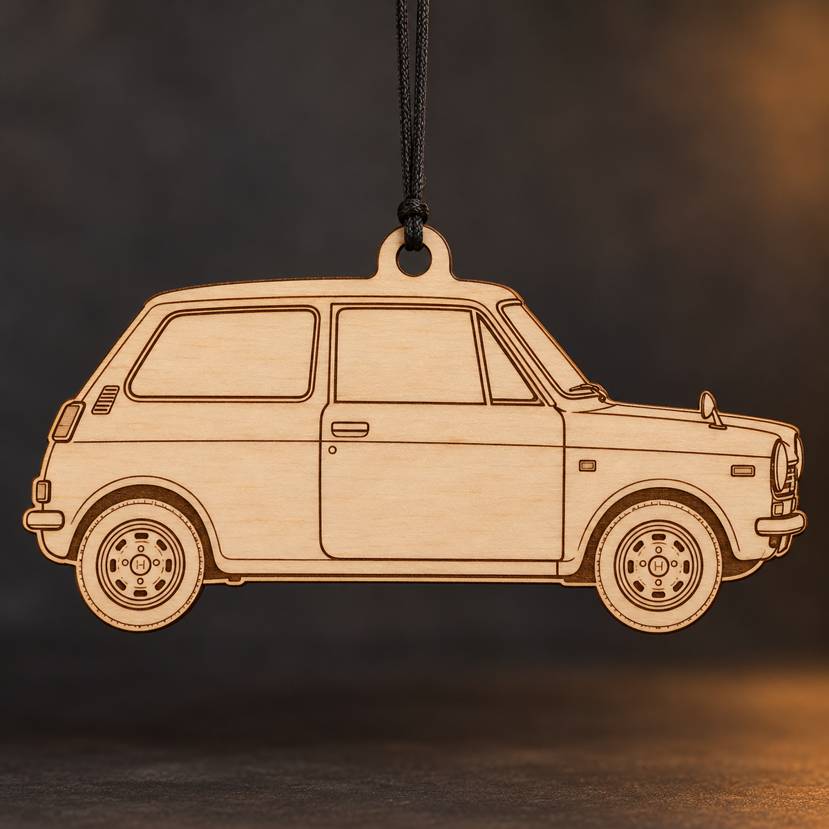 1968 Honda N360 Hatchback flat Birch Ply ornament with brown laser-engraved outlines