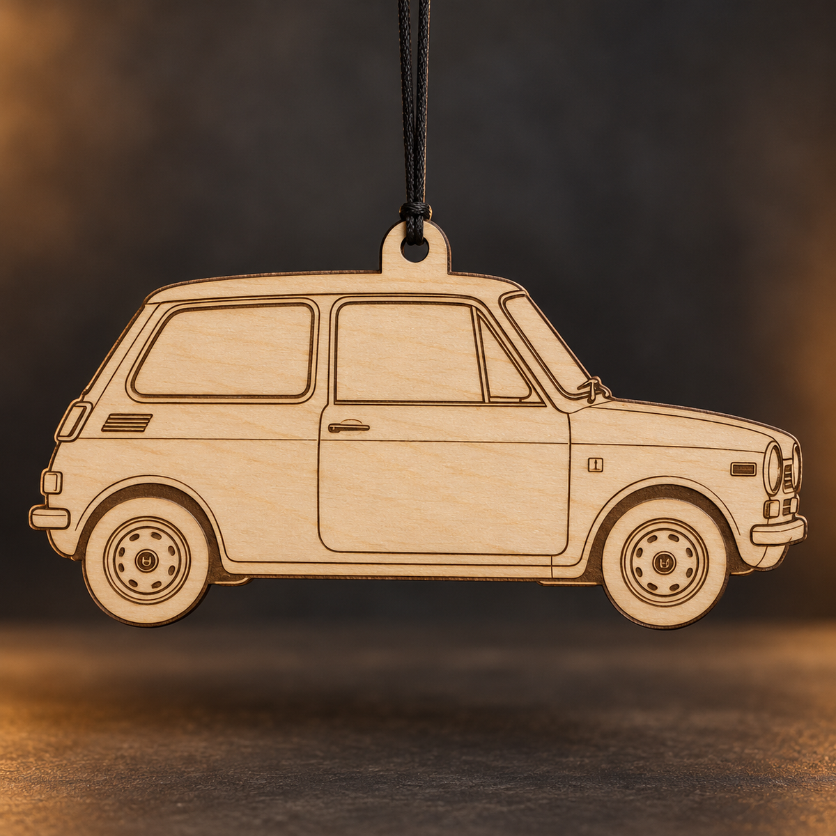 1971 Honda N600 Hatchback flat Birch Ply ornament with brown laser-engraved outlines