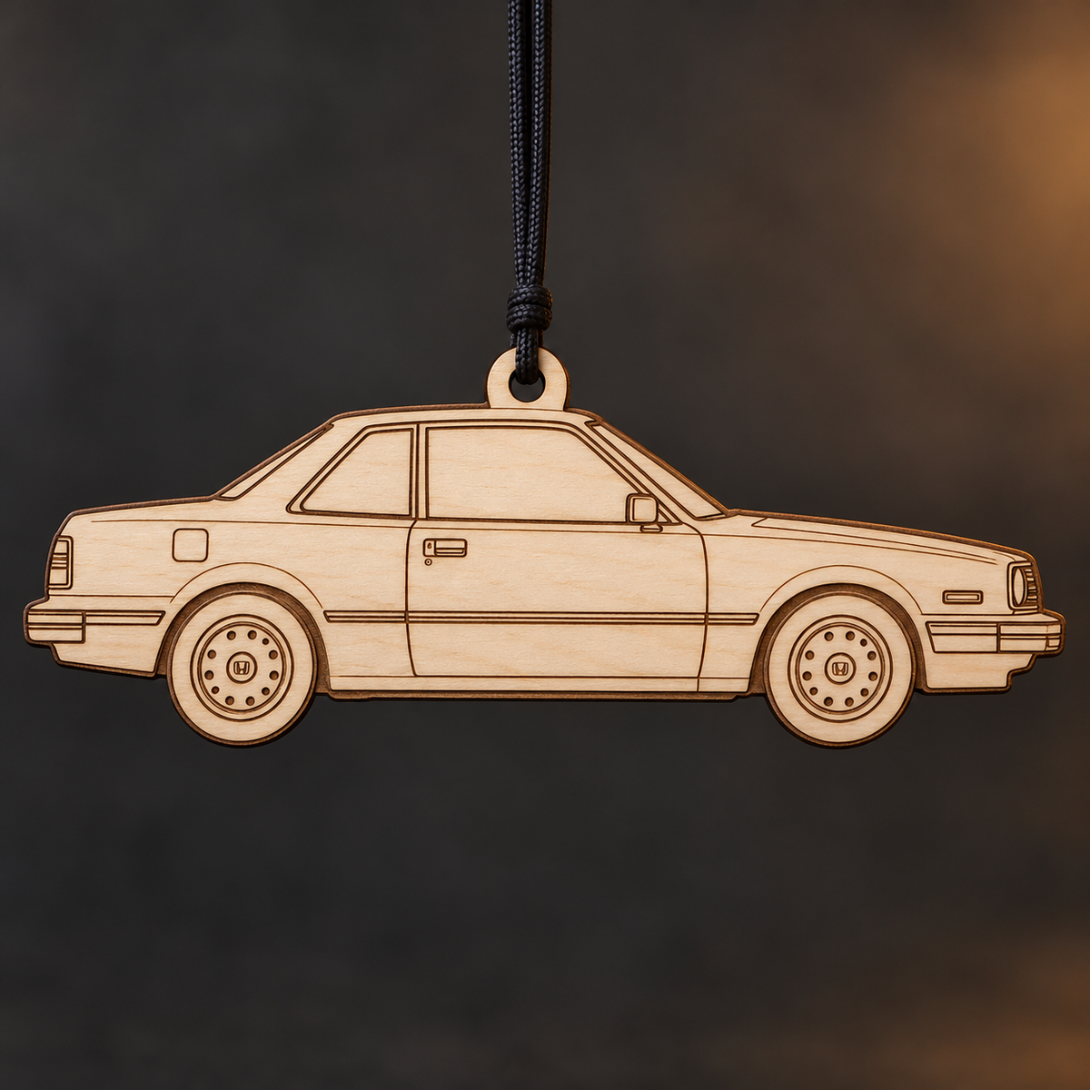1981 Honda Prelude Coupe flat Birch Ply ornament with brown laser-engraved outlines