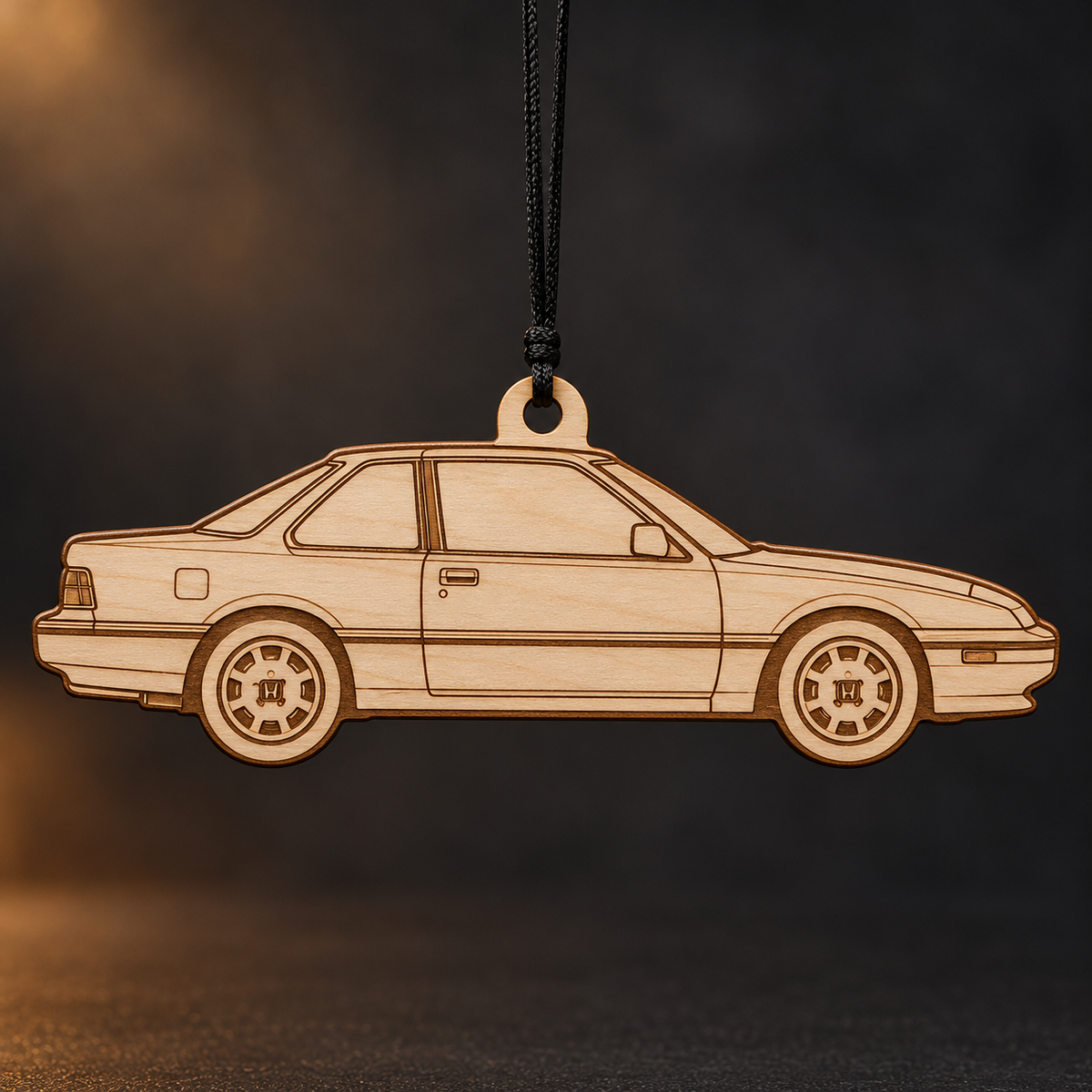 1986 Honda Prelude Coupe flat Birch Ply ornament with brown laser-engraved outlines