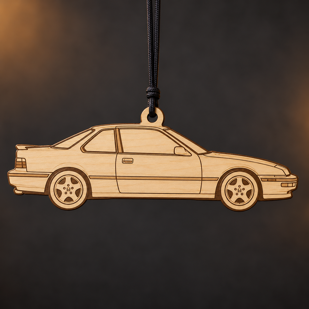 1991 Honda Prelude Coupe flat Birch Ply ornament with brown laser-engraved outlines