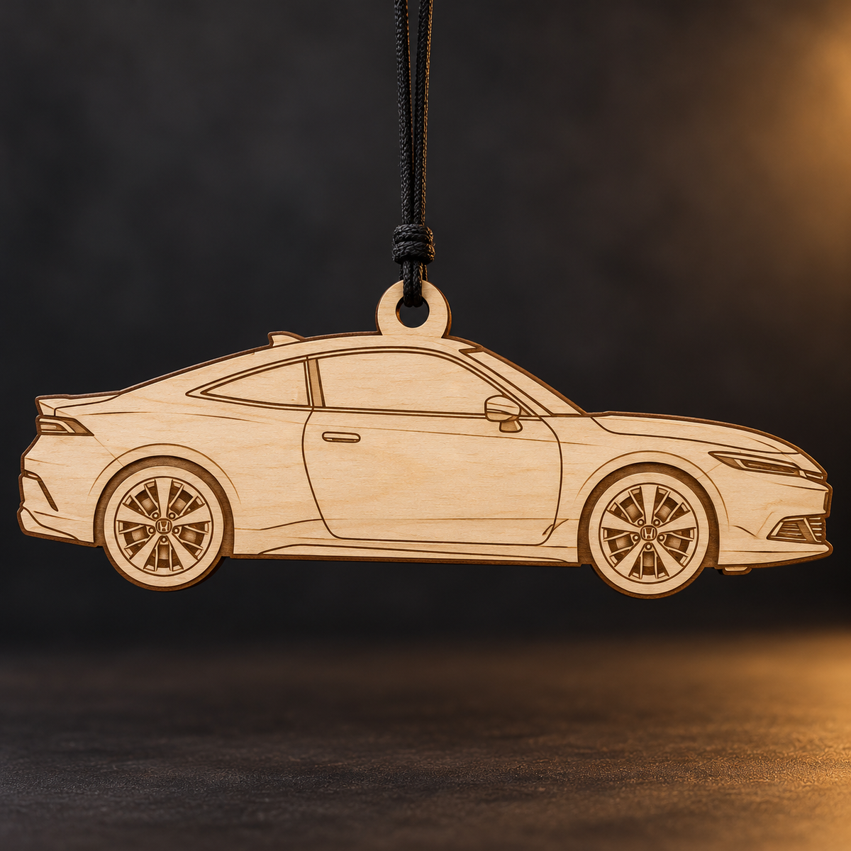 2026 Honda Prelude Coupe flat Birch Ply ornament with brown laser-engraved outlines