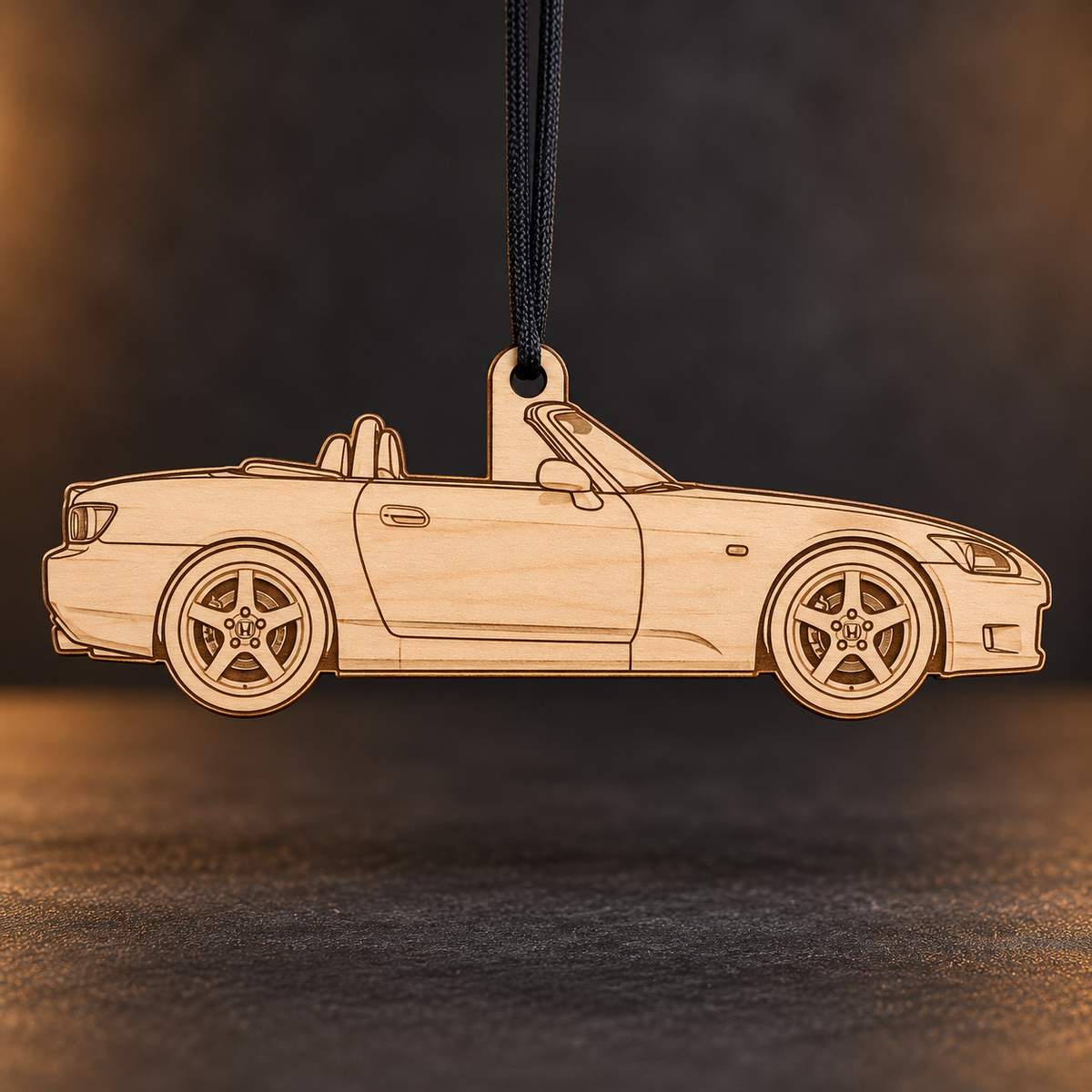 2001 Honda S2000 Roadster flat Birch Ply ornament with brown laser-engraved outlines