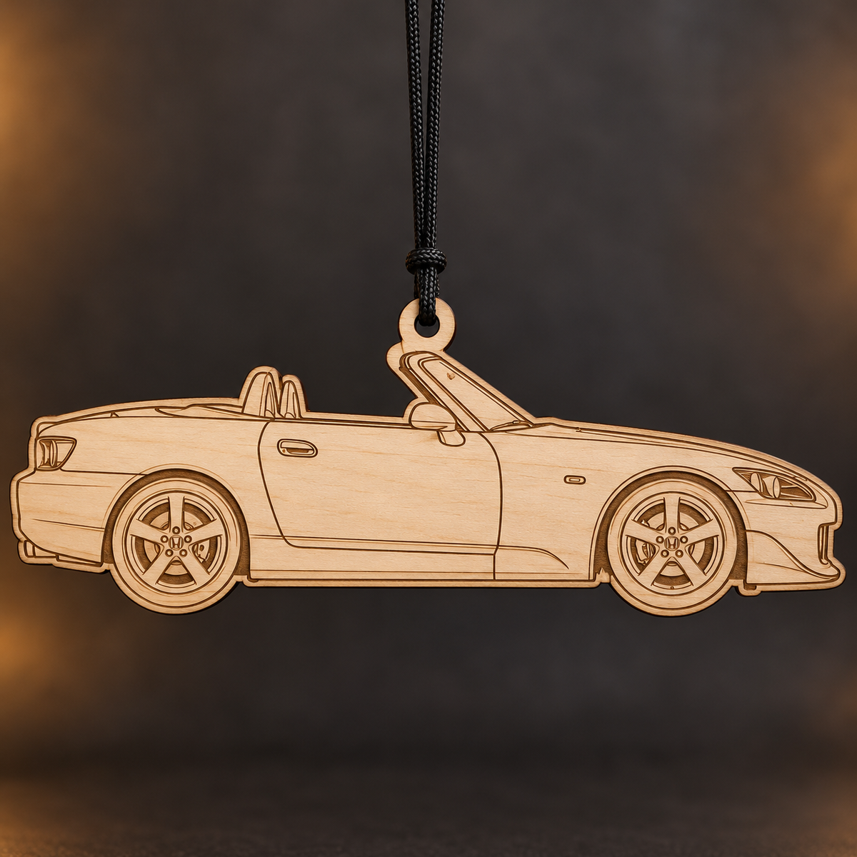 2006 Honda S2000 Roadster flat Birch Ply ornament with brown laser-engraved outlines