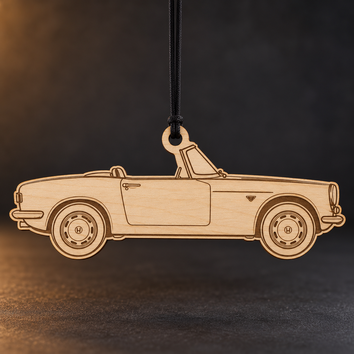 1965 Honda S600 Roadster flat Birch Ply ornament with brown laser-engraved outlines