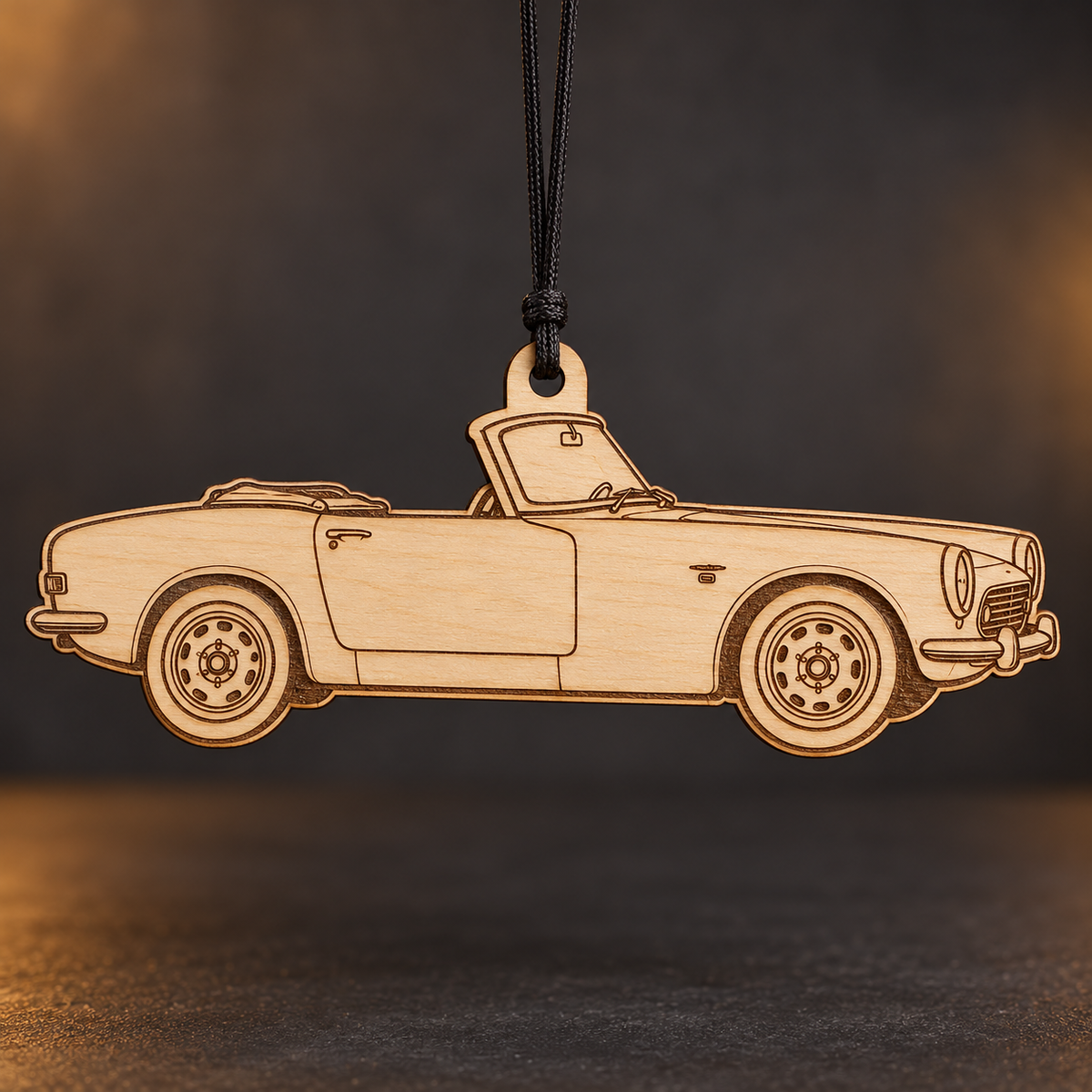 1967 Honda S800 Roadster flat Birch Ply ornament with brown laser-engraved outlines