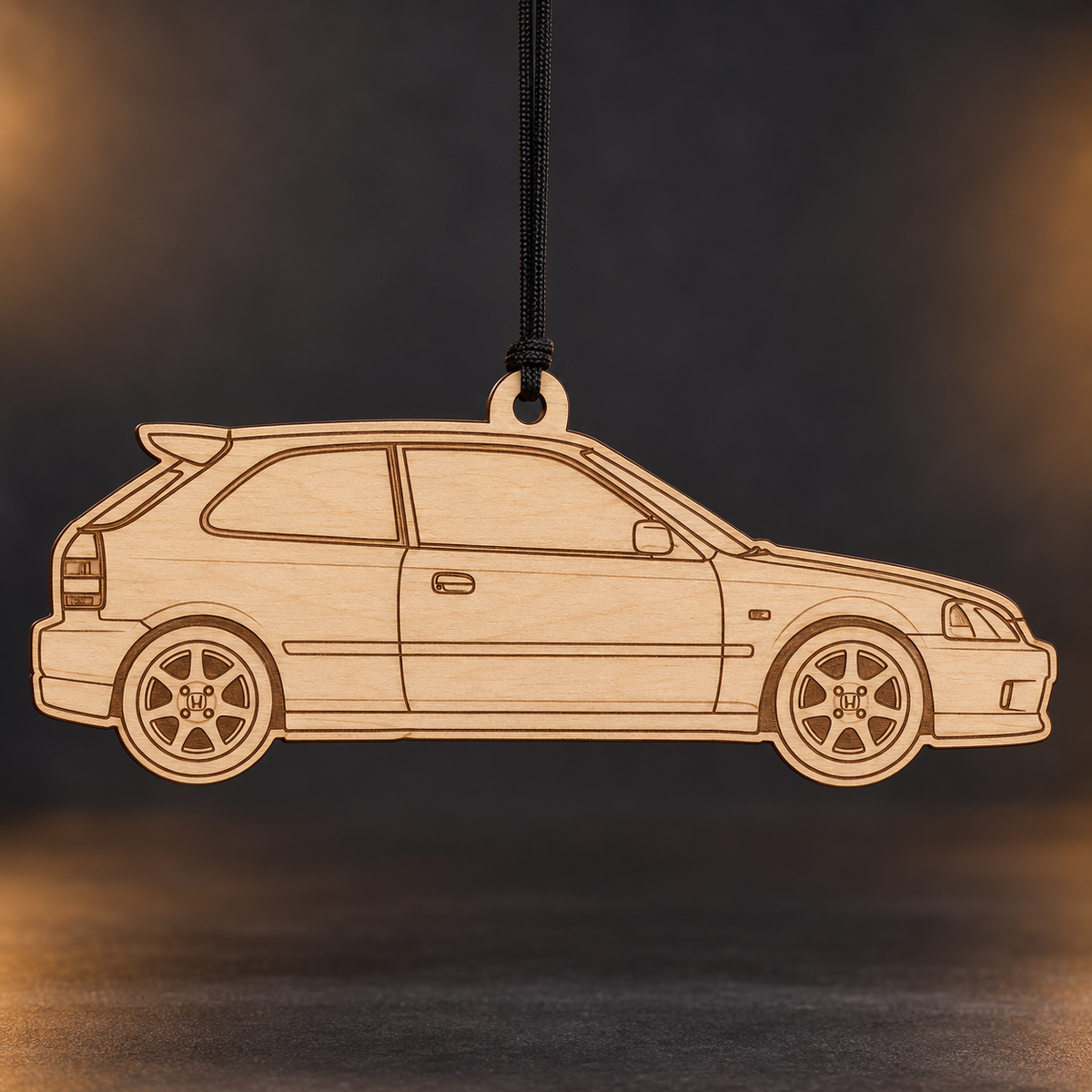 1999 Honda Civic Type R Hatchback flat Birch Ply ornament with brown laser-engraved outlines