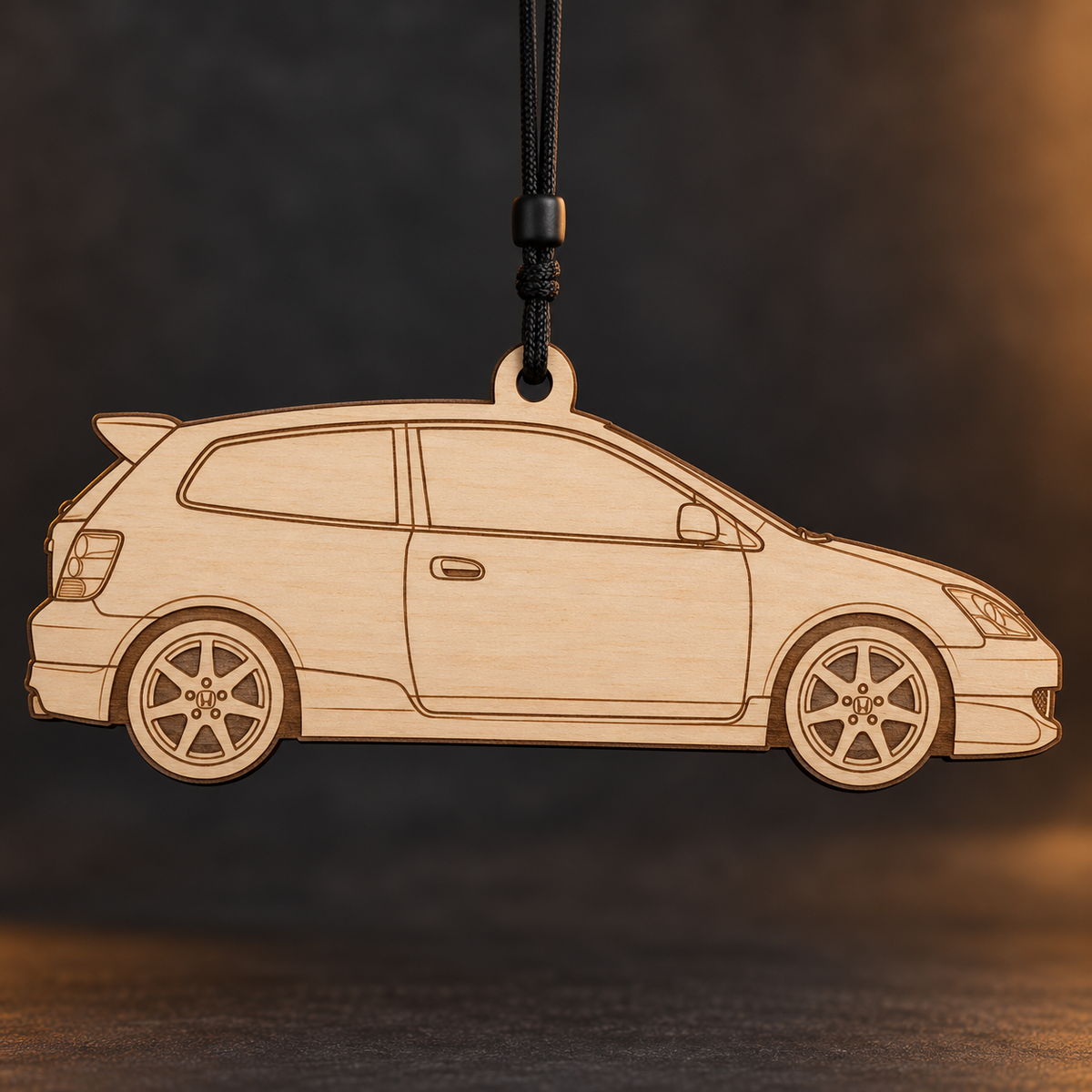 2005 Honda Civic Type R Hatchback flat Birch Ply ornament with brown laser-engraved outlines