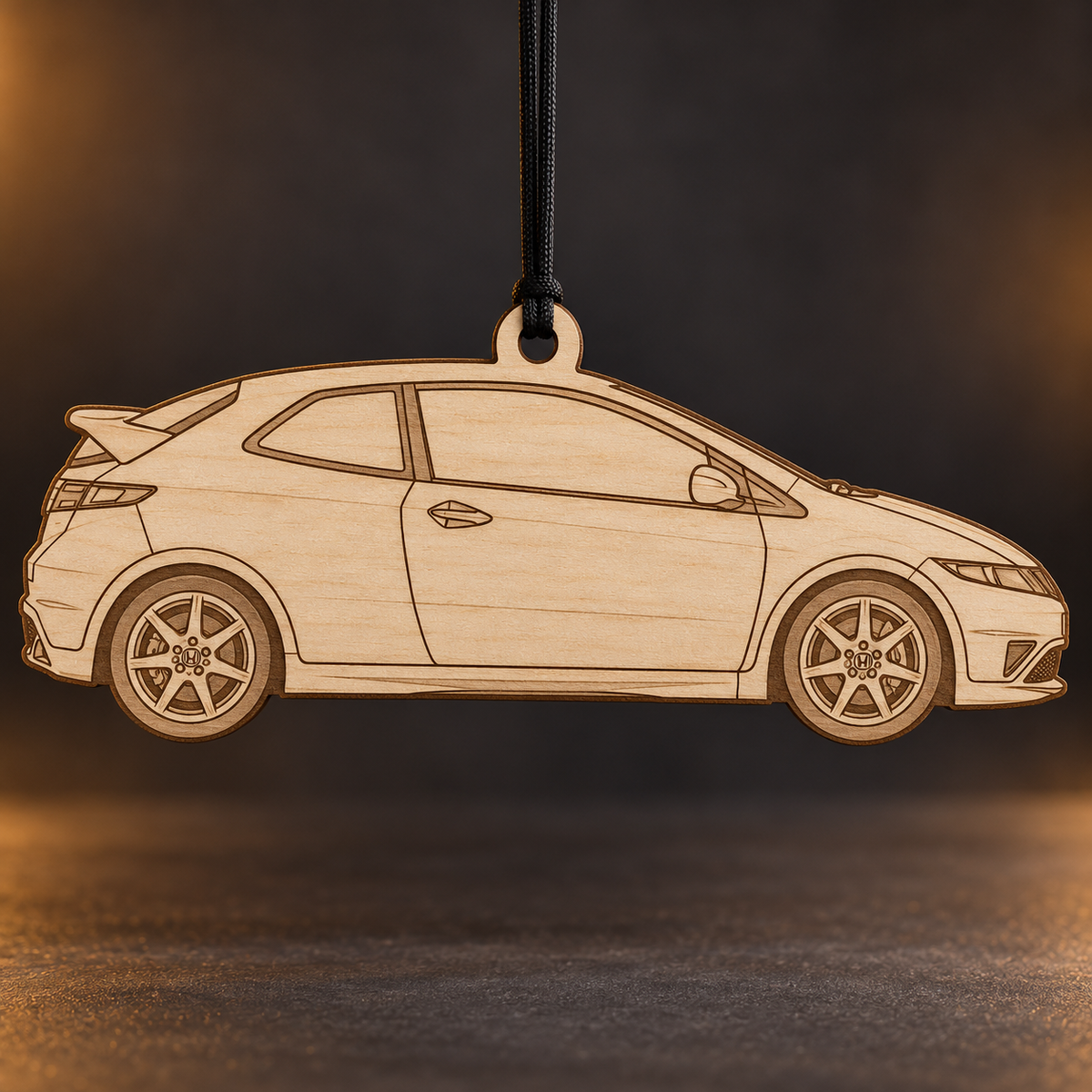2008 Honda Civic Type R Hatchback flat Birch Ply ornament with brown laser-engraved outlines