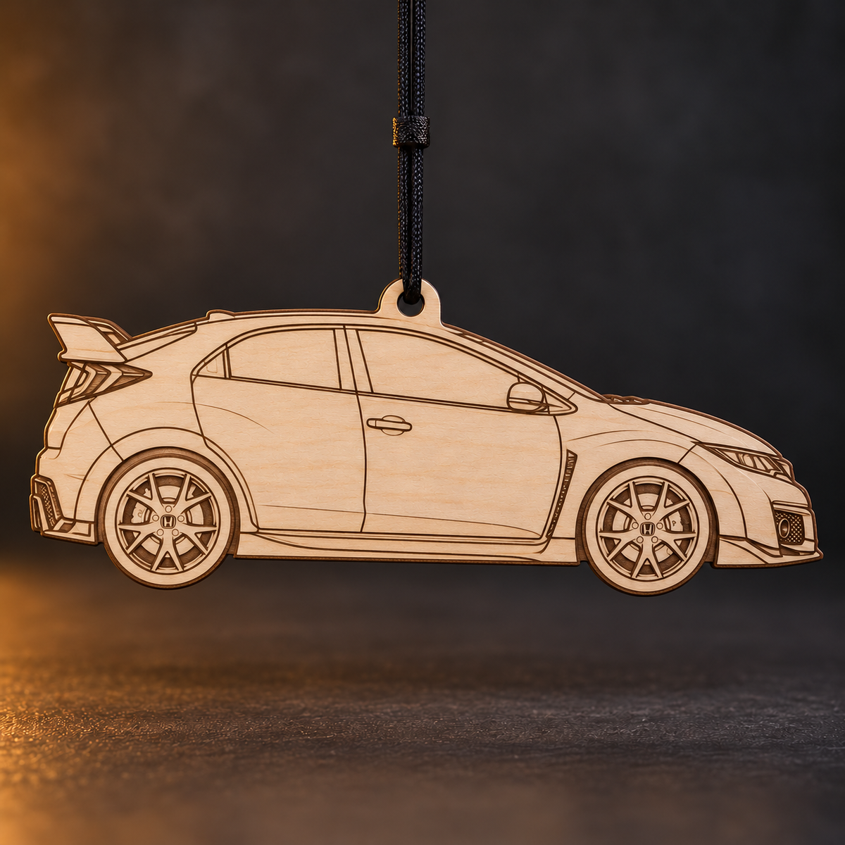 2016 Honda Civic Type R Hatchback flat Birch Ply ornament with brown laser-engraved outlines