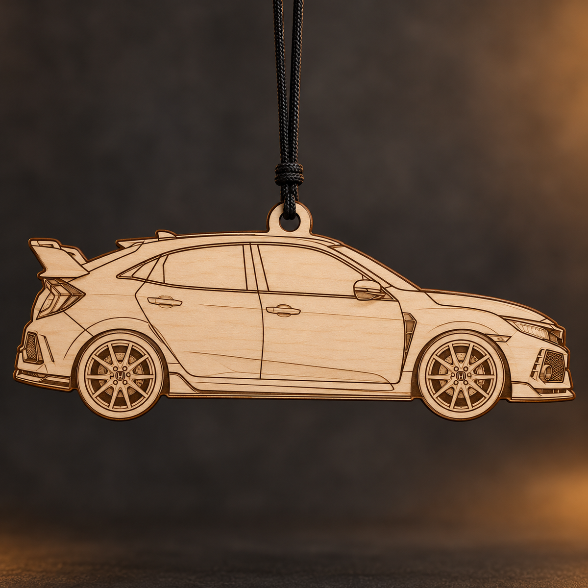 2019 Honda Civic Type R Hatchback flat Birch Ply ornament with brown laser-engraved outlines