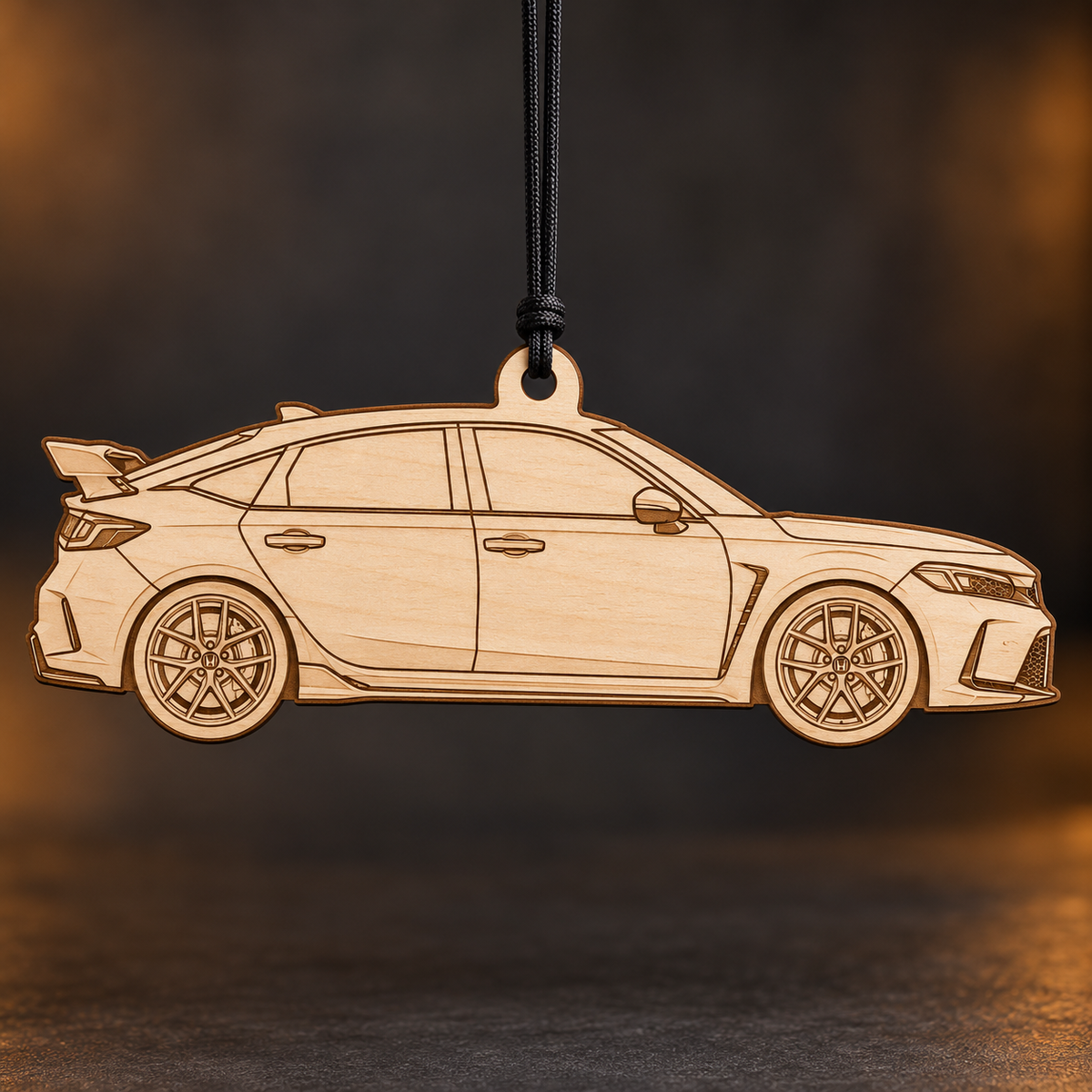 2023–2026 Honda Civic Type R Hatchback flat Birch Ply ornament with brown laser-engraved outlines