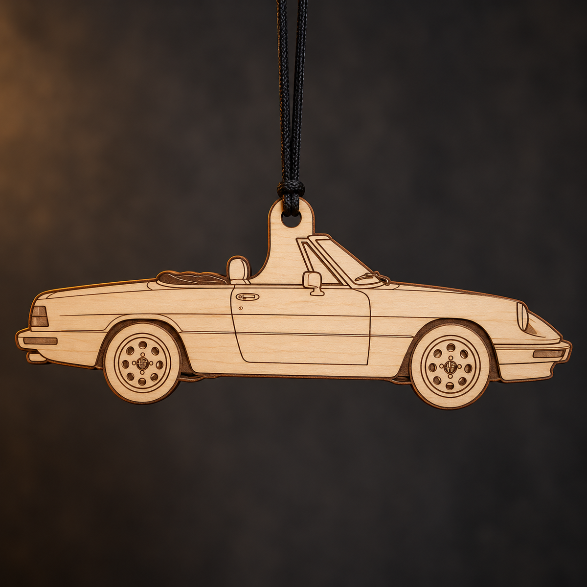1986 Alfa Romeo Spider Roadster flat Birch Ply ornament with brown laser-engraved outlines