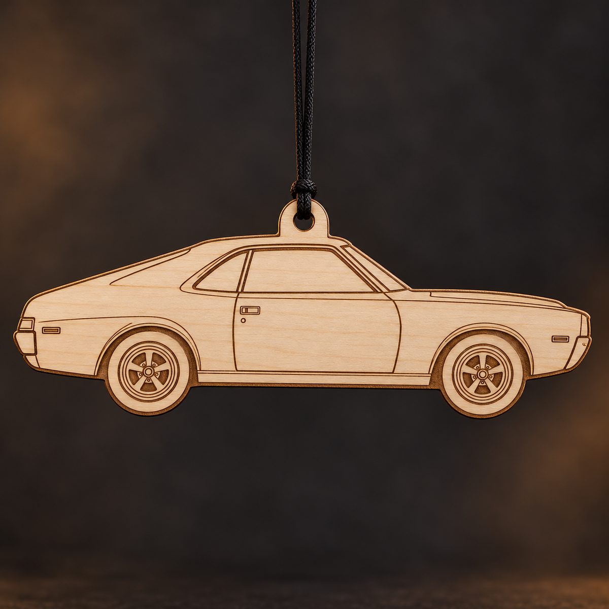 1969 AMC AMX Coupe flat Birch Ply ornament with brown laser-engraved outlines