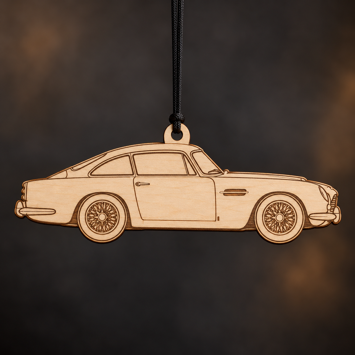 1965 Aston Martin DB5 Coupe flat Birch Ply ornament with brown laser-engraved outlines