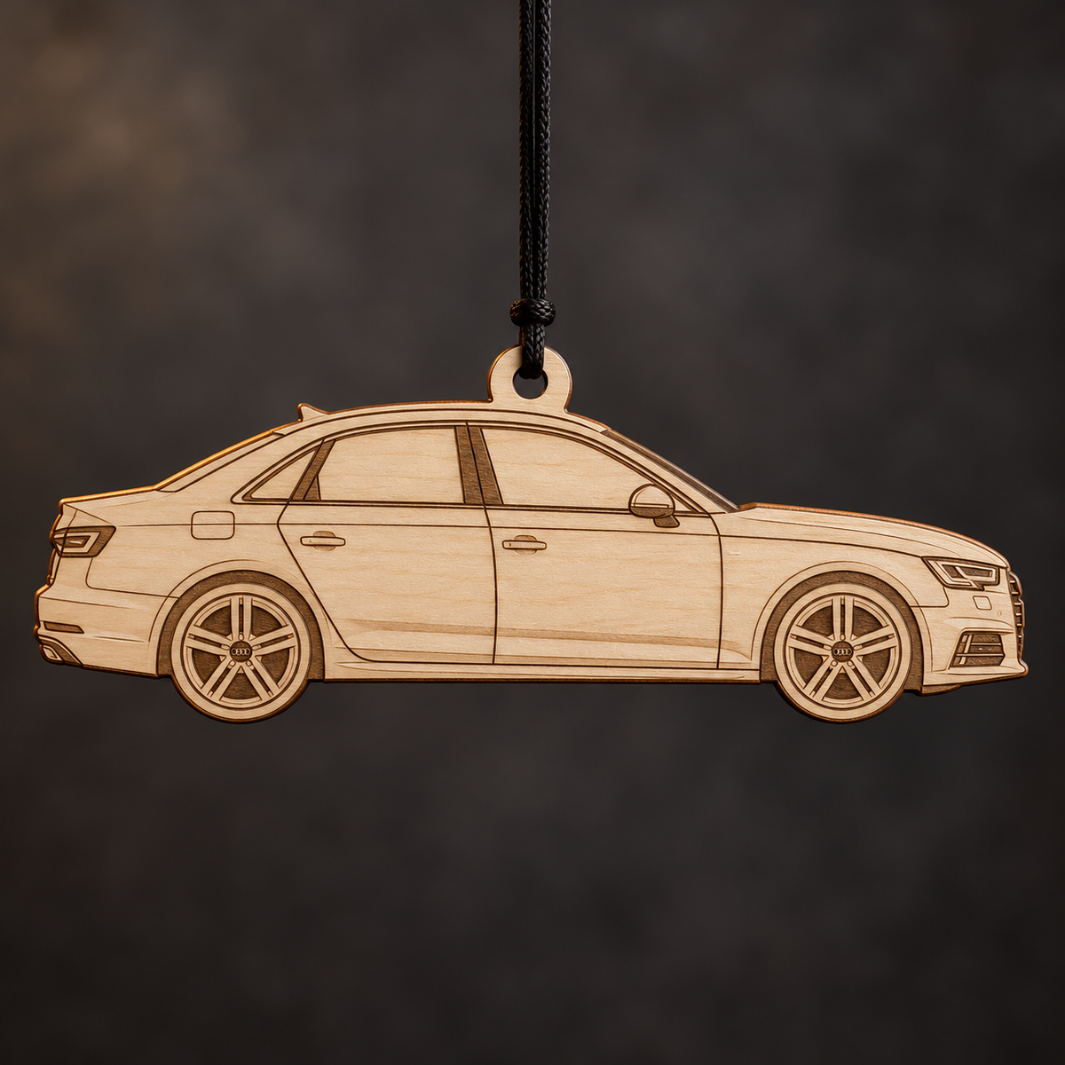 2018 Audi A4 Sedan flat Birch Ply ornament with brown laser-engraved outlines