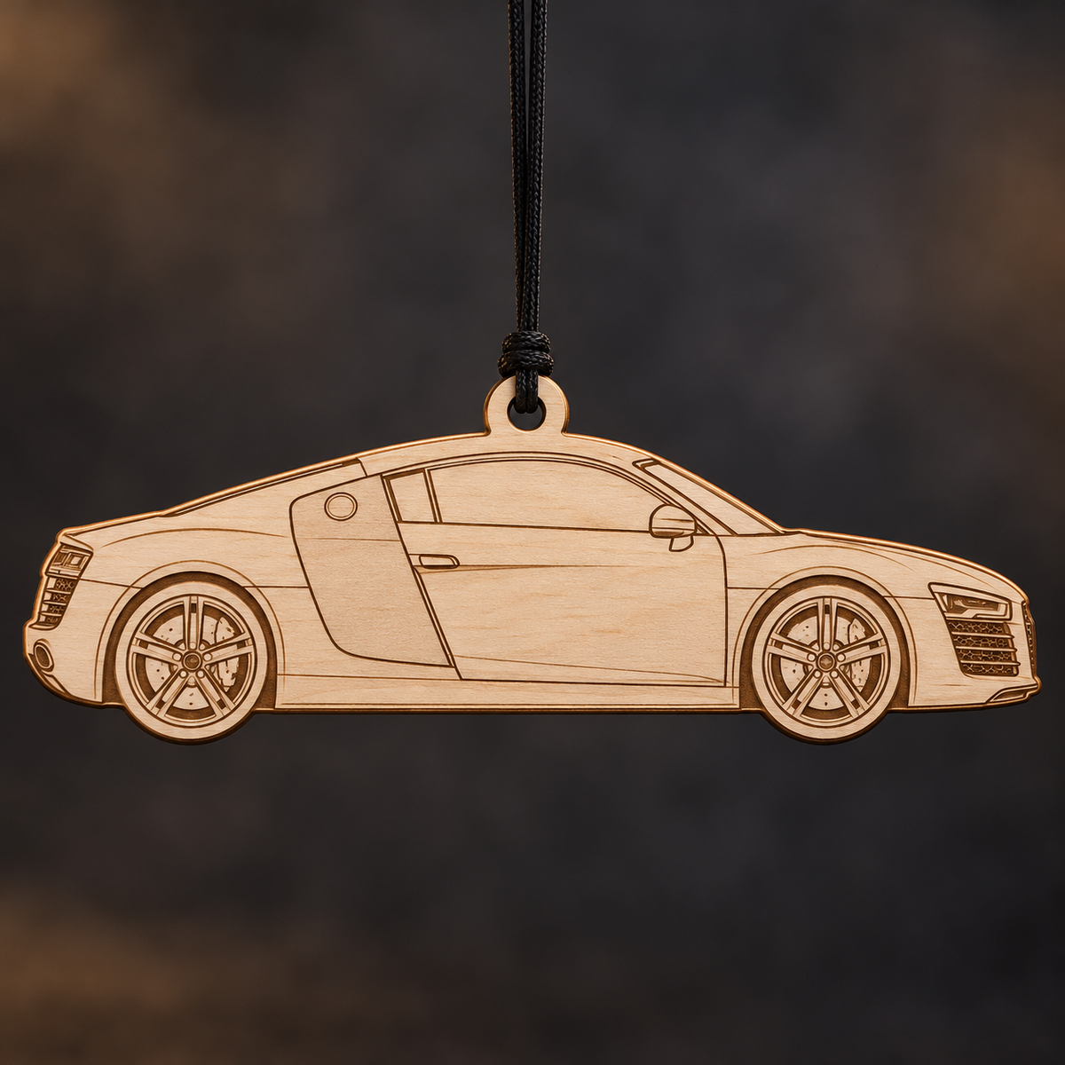 2015 Audi R8 Coupe flat Birch Ply ornament with brown laser-engraved outlines