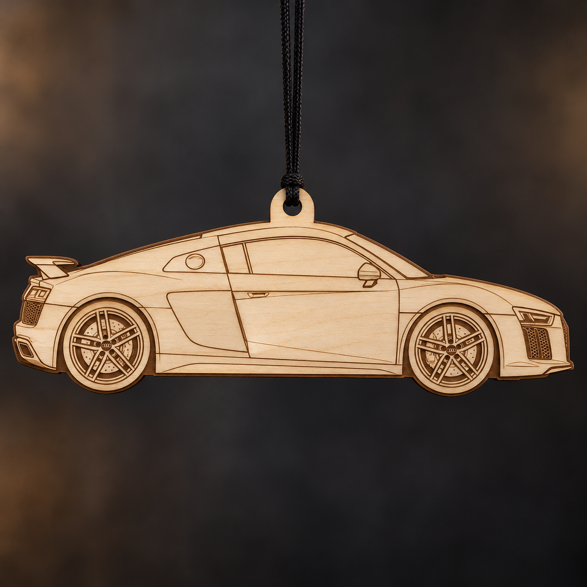 2017–2018 Audi R8 V10 Plus Coupe flat Birch Ply ornament with brown laser-engraved outlines