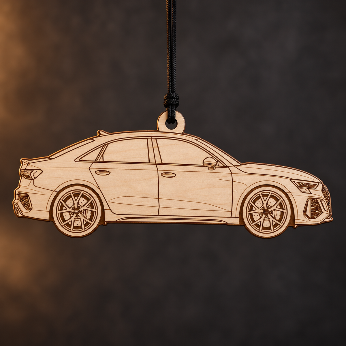 2022–2024 Audi RS3 Sedan flat Birch Ply ornament with brown laser-engraved outlines