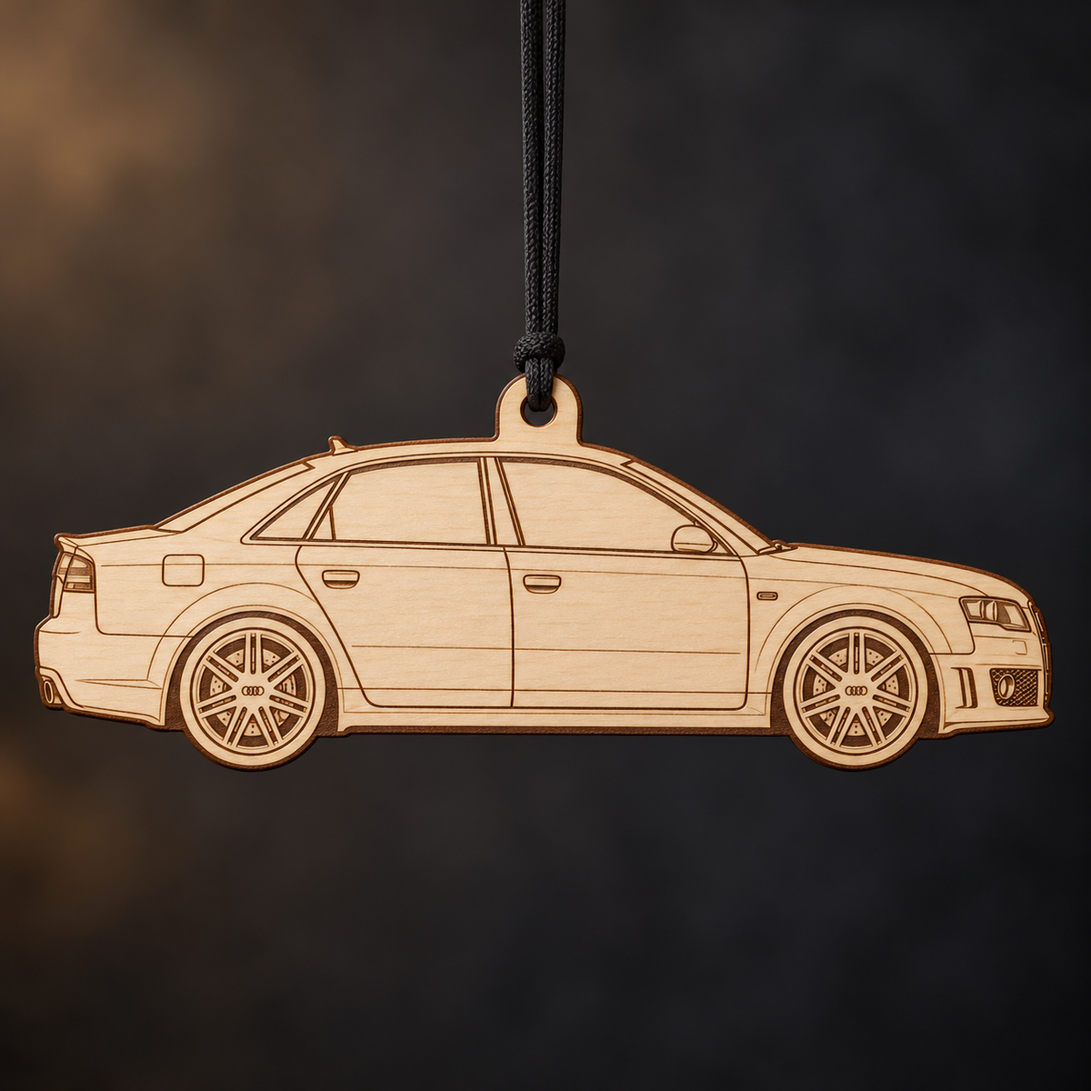 2007–2008 Audi RS4 Sedan flat Birch Ply ornament with brown laser-engraved outlines