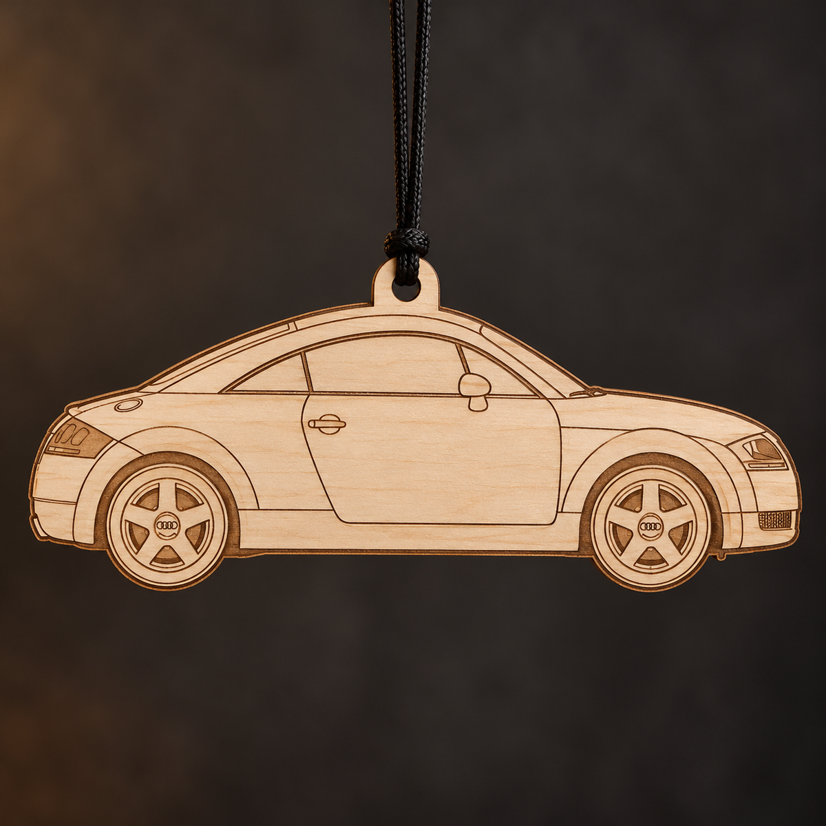 2002 Audi TT Coupe flat Birch Ply ornament with brown laser-engraved outlines