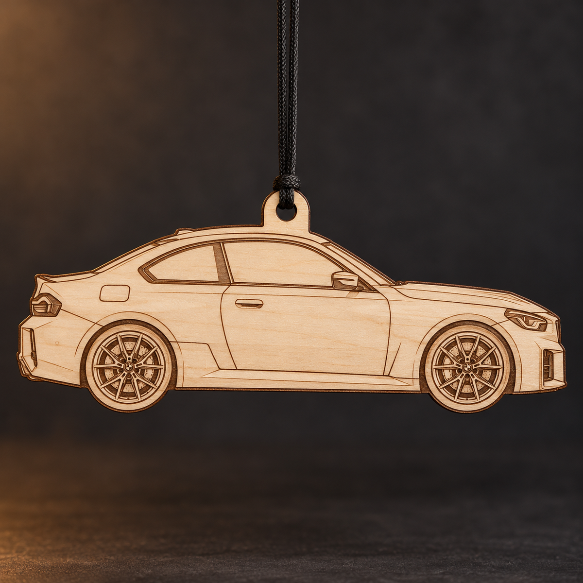 2023–2024 BMW M2 Coupe flat Birch Ply ornament with brown laser-engraved outlines